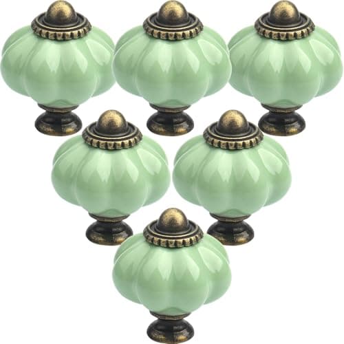 Image of LHNNDM 12pcs Ceramic Door Knobs,Light Green Pumpkin Ceramic Knobs with Screws, Antique Wardrobe Pull Handles for Kitchen Cupboards Cabinet Dresser (12, Light Green)