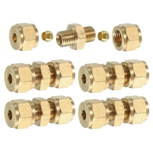 Image of sourcing map 5Pcs Brass Compression Tube Fitting, 4mm Tube OD Connector, NPT Thread Compression Union Connectors & Compression Sleeves Ferrules, Brass Straight Coupling Adapter