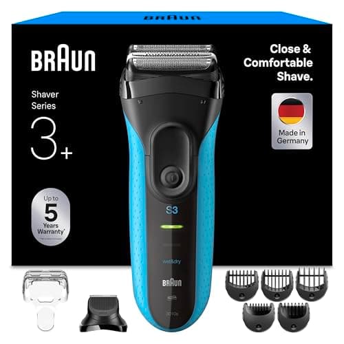 Image of Braun Series 3+ Electric Shaver, 3010BT, Blue - Wet & Dry Razor for Men with Beard Trimmer Attachment, 3 Flexible Blades, +5 Combs, Efficiency MicroComb, Made in Germany, Includes Rechargeable Battery