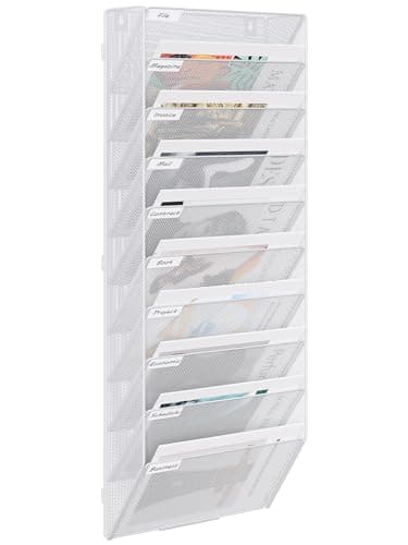 Image of EasyPAG 10 Tier A4 Mesh in Tray Assemble Wall Pocket File Holder Hanging Mail Organiser Magazine Storage Rack,White