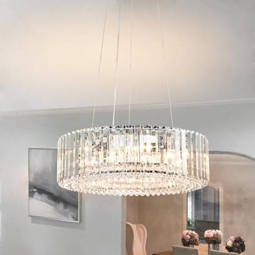 Image of OYIPRO Crystal Chandelier Modern Chrome Pendant Light 6-Light Semi Flush Mount Ceiling Light Round Crystal Hanging Lighting for Kitchen Island Entryway Hallway Dining Room D19.7’’ E14 Sockets