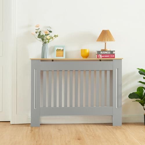 Image of Panana Radiator Cover Cabinet, Modern Painted MDF with Slatted Grill Design (Grey with wood top, M)