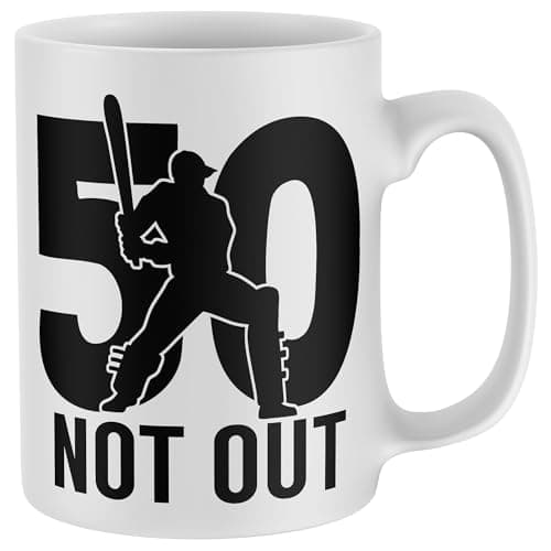 Image of Purple Print House 50 Not Out Birthday Mug Funny Fifty Cricket Gift For Grandad Fiftieth Coffee Cup 50th Birthday