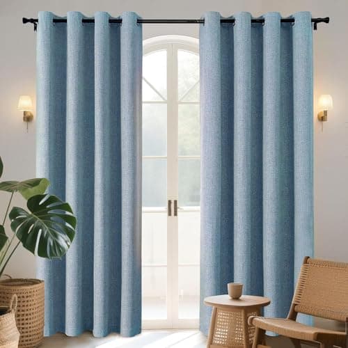 Image of Joydeco 100% Blackout Lined Curtains Bedroom W55 x L69 Inch Drop, Faux Linen Textured Thermal Insulated Eyelet Curtains with Coating Back Layer for Living Room Bedroom, Sky Blue - 2 Panels