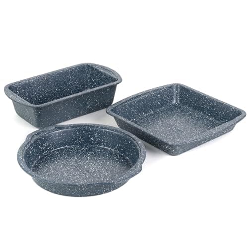 Image of Russell Hobbs COMBO-5438 Nightfall Stone 3-Piece Bakeware Set – Non-Stick Round Cake Tin, Square Baking Tin and Loaf Pan, Carbon Steel Ovenware, Easy to Clean, Ideal for Cakes, Desserts, and Bread
