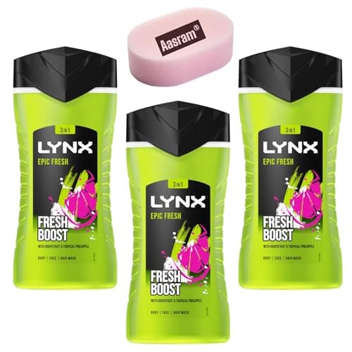 Image of Lynx Epic Fresh 3-in-1 Bodywash Shower Gel 3 x 225ml with Grapefruit & Tropical Pineapple Scent for a Refreshing Shower with Aasram Luxury Bath Sponge