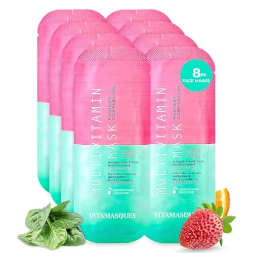 Image of Vitamasques Multivitamin Hydrating Face Masks Skincare Sheet 8-Pack, Korean-Inspired Moisturising Face Mask with Vitamins B, C & E for Radiant Skin