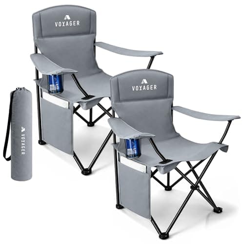 Image of Voyager Folding Camping Chair 2-Pack, Lightweight with Pocket and Drinks Holder, Holds up to 120kg Each, Easy to Transport, Foldable Outdoor Chair Set - Dark Grey