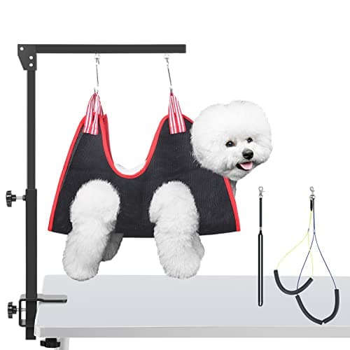 Image of HIDOG Dog Grooming Arm with Clamp, Adjustable Dog Grooming Table Arm with Two No Sit Haunch Holder & Hammock Harness, Foldable Pet Grooming Supplies for Small Medium Dogs