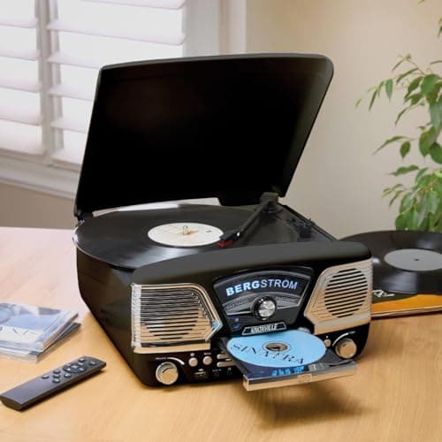 Image of Coopers of Stortford - Knoxville Retro Music System with Bluetooth Connectivity - Vinyl Record Player with CD, Radio, and MP3 Recording Function (Black)