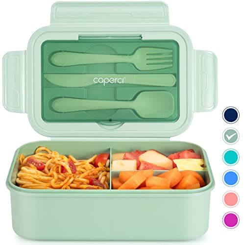 Image of Caperci Classic Bento Box Adult Lunch Box for Older Kids - Leakpoof 47 oz 3-Compartment Lunch Containers for Adults and Teens, Built-in Utensil Set, Ideal for On-the-Go Balanced Eating, Green