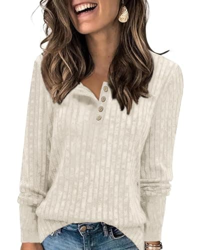 Image of Enmain Women's Jumpers Long Sleeve Beige Striped Design Tops Crew Neck Lightweight Knitted Sweatershirts with Button Down Collar XL