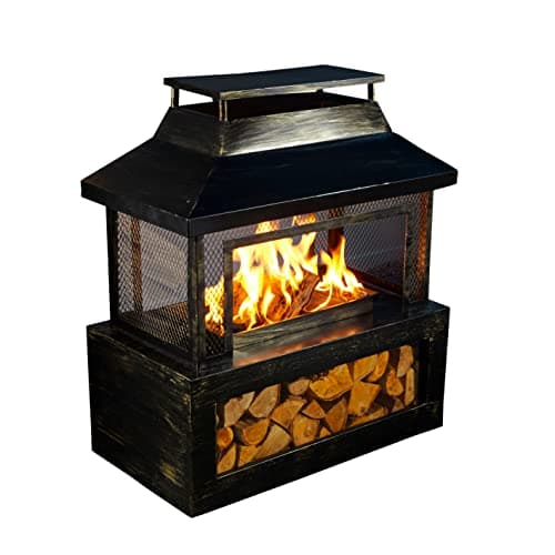 Image of Neo Black Steel Outdoor Garden Log Burner Burning Fire Pit Chiminea Heater Stove Mesh Surround Storage