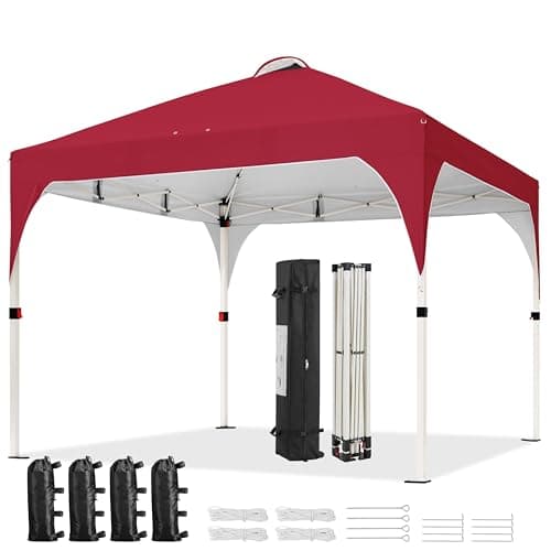 Image of Yaheetech Pop Up Gazebo, 3x3m Instant Foldinng Shelter with Wheeled Bag, 4 Sandbags, 4 Ropes, 12 Stakes, Metal Frame, Adjustable Height, Top Air Vent, Red