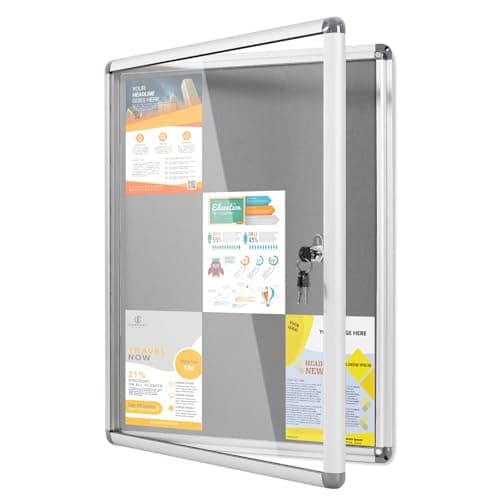 Image of MAKELLO Lockable Noticeboard 980x720mm, Display Pinboard Case for Office School Home Store Community Centre, Grey Felt, Aluminum Frame, 9xA4