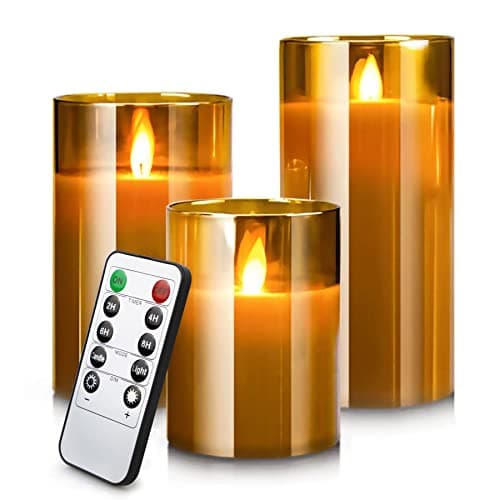 Image of YMing LED Flameless Battery Operated Electric Candles, Flickering Timer & Remote Control Gold Glass Pillar Realistic Wick Flame Mode, Real Wax Moving Warm Light Candles 4" 5" 6" Set of 3