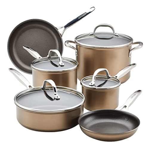 Image of Anolon Ascend Hard Anodized Nonstick Cookware/Pots and Pans Set - Good for All Stovetops (Gas, Glass Top, Electric & Induction), Dishwasher & Oven Safe with Stainless Steel Handles, 10 Piece - Bronze