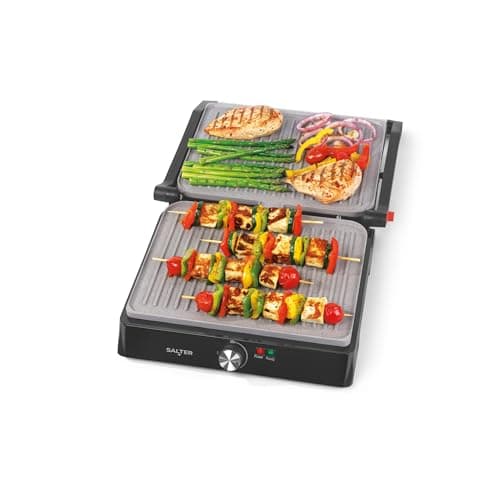 Image of Salter Marblestone Health Grill – Electric Fold-Out Grill & Panini Maker, Non-Stick XL Plates 29 x 23cm, Opens Flat To 180°, Adjustable Temperature Control, Integrated Drip Tray, No Oil Needed, 2200W