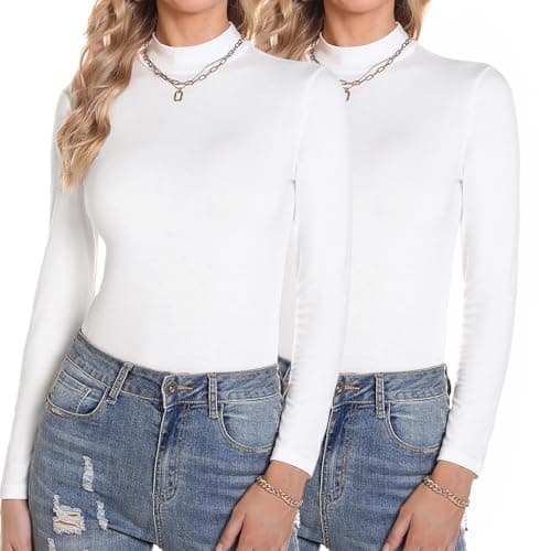 Image of Aottori White Long Sleeve Top Womens 2 Pack Thermal Base Layer Underwear Ladies Polo Neck Jumpers Lightweight Slim Fit Pullover T Shirts White + White L
