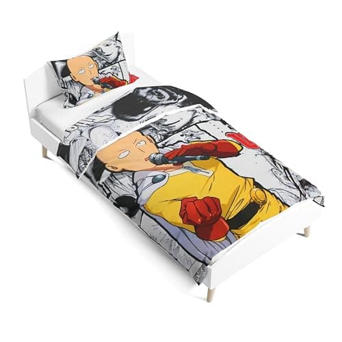 Image of One Punch Man Duvet Cover and Pillowcase Set (with Zip) Saitama Genos Bedding for Kids Soft Microfibre Quilt Covers Bedroom Decor Anime Fans Men Women Gifts Single (Single 135 * 200cm)