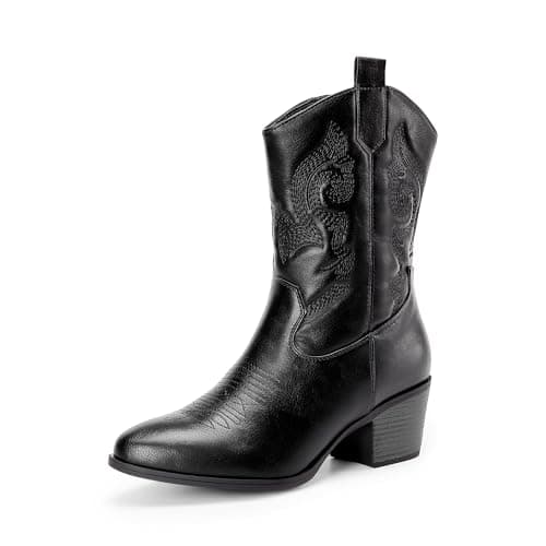 Image of DREAM PAIRS Cowboy Boots for Women, Mid Calf Cowgirl Boots with Embroidery Round Toe Western Chunky Low Heel Shoes,Size 5,All Black,DWUMMB2505