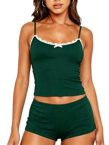 Image of Dressmine Womens Tops Shorts Y2K Lace Cami Vest Sets Sexy Fitted Crop Tank Shirt Spring Fashion Clothes Summer Basic Pajamas 10 Green