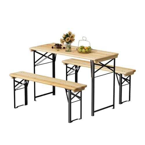 Image of Bonnlo 3 Piece Folding Picnic Table Set with Benches, 4FT Wooden Trestle Beer Table for Outdoor Garden Camping, Foldable Fir Wood Dining Set with Steel Legs for Patio BBQ Party, Natural Wood