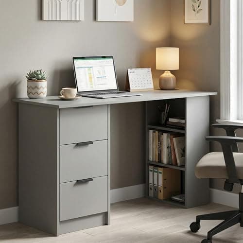 Image of Home Source Phoenix 3 Drawer Computer Desk, Home Office, 120W x 49D x 72H cm, Grey or White, Particleboard and MDF, Scratch-Resistant