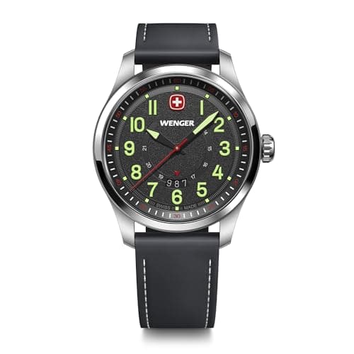 Image of Wenger Men’s Watch Terragraph Ø 43 mm, Swiss Made, Analogue Quartz, Water-Resistant up to 100 m, Leather Strap, Black, 01.0541.121