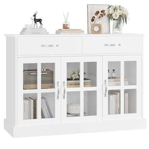 Image of FirFurd 120cm White Sideboard, Living Room Cabinets, Kitchen Sideboard, Display Cabinet with 3 Glass Doors 2 Drawers and Adjustable Shelves Wooden 120x40x84cm