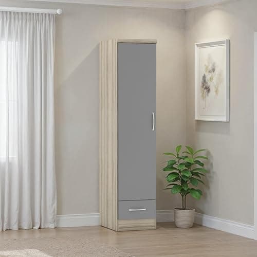 Image of Seconique Nevada 1 Door 1 Drawer Wardrobe in Grey Gloss/Light Oak Effect Veneer