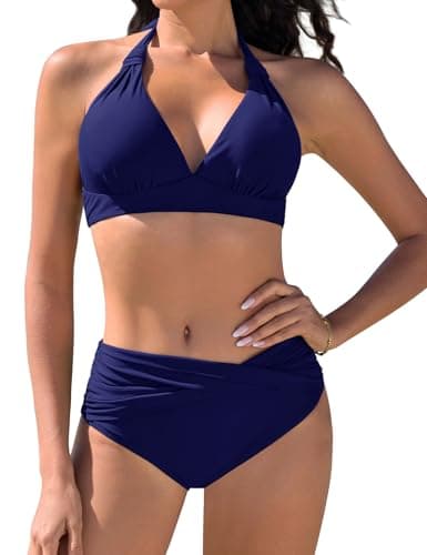 Image of Nadeer Women's Bikini Set Two Piece Swimsuit Sexy Halter Neck Bathing Suit Mid-High Waisted Vintage Swimwear Navy Blue