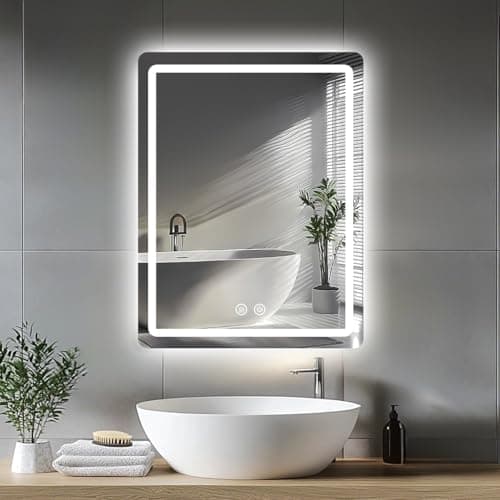 Image of JAMUBOCHE LED Bathroom Mirror For Over Sink, 70 x 50cm Electric Vanity Mirror With Backlit Lights For Shower Shaving, Fogless Wall Mounted Dimmable 3 Color Lighting, IP54, Vertically Only