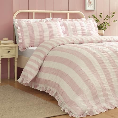 Image of Catherine Lansfield Seersucker Frill Stripe King Duvet Cover Set with Pillowcases Pink