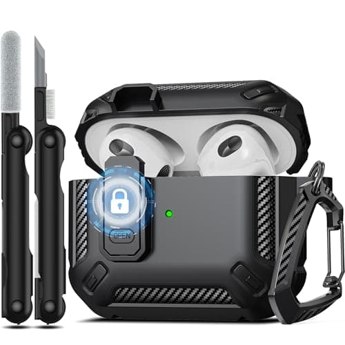 Image of RFUNGUANGO Compatible with AirPods 3rd Generation Case Cover with Cleaner Kit, Military Hard Shell Protective Armor with Lock Compatible with AirPod Gen 3 Charging Case 2021,Black