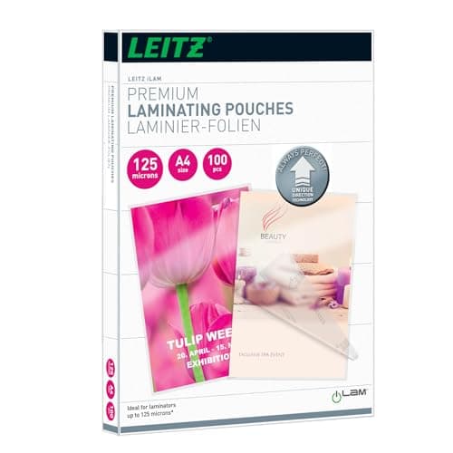 Image of Leitz 74810000 Laminating Pouches Made of 125 Micron Thick Material (Transparent, Glossy, A4 and UDT), Pack of 100