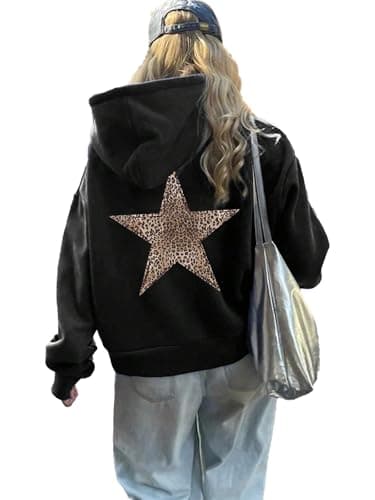 Image of LLECDASEUI Womens Cheetah Leopard Star Hoodie Graphic Print Fleece Y2k Oversized Hooded Sweatshirt (Black,S)