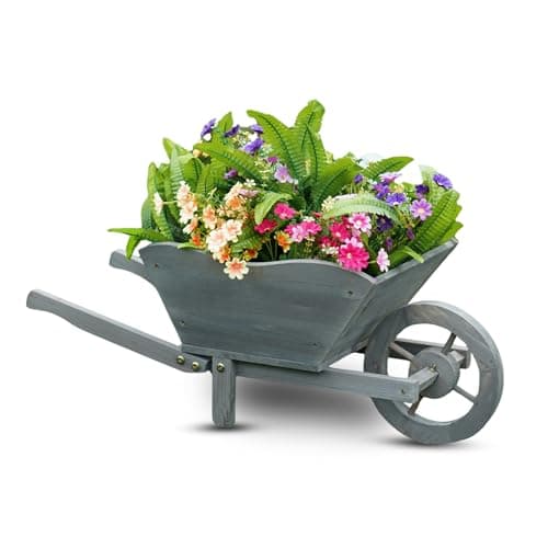 Image of PaMeer Wheelbarrow Planter Large Wooden Garden Planter Outdoor Garden Planters Wheel barrow Planters for Flowers & Plants Decorative Raised Flower Pot for Patio Yard Balcony Easy Assembly