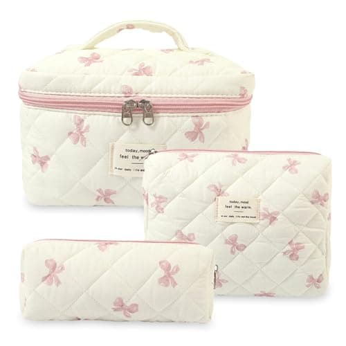 Image of Aucuu 3PCS Coquette Makeup Bag, Quilted Makeup Bag for Women, Floral Cotton Cosmetic Bag Set, Large Capacity Aesthetic Floral Toiletry Bag, Travel Toiletry Bag, Wash Organizer Pouch for Women Girls