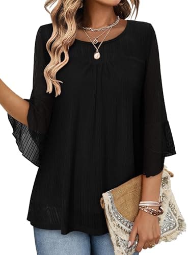 Image of KISSMODA Womens Ruffle 3/4 Sleeve Dressy Blouses Crew Neck Double Layers Mesh Tunic Tops Elegant Shirts for Ladies C Black