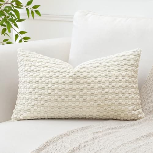 Image of Artscope Pom Poms Decorative Corduroy Cushion Cover 30x50cm Super Soft Boho Striped Lumbar Pillow Covers Case Geometric for Sofa Couch Bedroom Car Decor Set of 1, Cream Beige