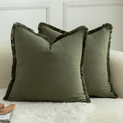 Image of Mandioo Set of 2 Neutral Cotton Fringe Cushion Covers 50x50 cm 20x20 inch Decorative Boho Farmhouse Throw Pillowcase Cozy Tassels for Couch Sofa Bedroom Living Room Home Decor Olive Green