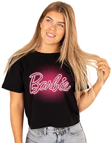 Image of Barbie Cropped T-Shirt for Women | Ladies Doll Neon Pink Logo Black Top Clothes Merchandise Small