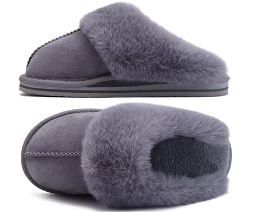 Image of KuaiLu Womens Fuzzy Shearling Slippers Ladies Cosy Memory Foam Warm Winter Clog Slippers Slip on Comfy Orthotic Arch Support House Shoes with Non-Slip Indoor Outdoor Hard Sole Grey Size 6