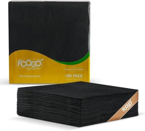 Image of FOOGO Green 100pcs Elegant Black Paper Napkins, FSC® Certified, 33 x 33 cm, 2 Ply Strong Serviettes, Fully Home Compostable, Super Soft Paper Tissues, Cocktail Disposable Napkins