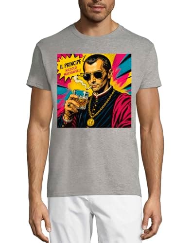 Image of Modern Illustration of Machiavelli Style Crew Neck Cotton Men's T-Shirt Gray Small