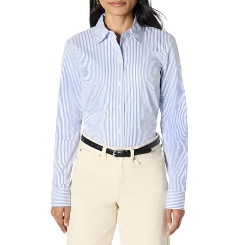 Image of Amazon Essentials Women's Slim-Fit Stretch Poplin Button-Up Dress Shirt, White Blue Mini Stripes, S