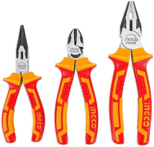 Image of INGCO 3Pcs 1000V VDE Insulated Plier Set, 8" VDE Combination Pliers, 6" Insulated Long Nose plier, 6" Diagonal Cutting plier HIKPS28318