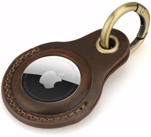 Image of Genine Leather Compatible with Apple AirTag Keyring Holder Leather. Anti Lost Secure Key Ring for Key Pet Collar Luggage Bag Travel. Scratch Resistant Protective Air Tag Case Cover (Coffee)
