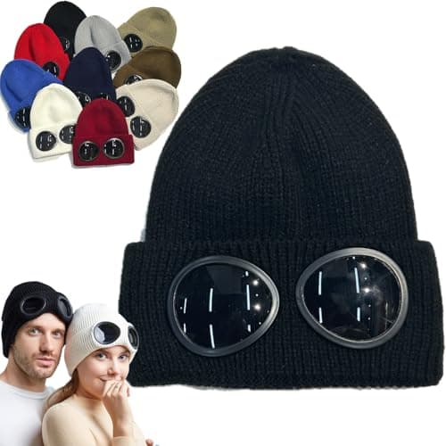 Image of Pnedeodm Unisex Solid Color Goggle Lens Design Beanie Hat, Goggle Lens Beanie Winter Stylish Hat Outdoor Sports (UK, Alpha, One Size, Black)